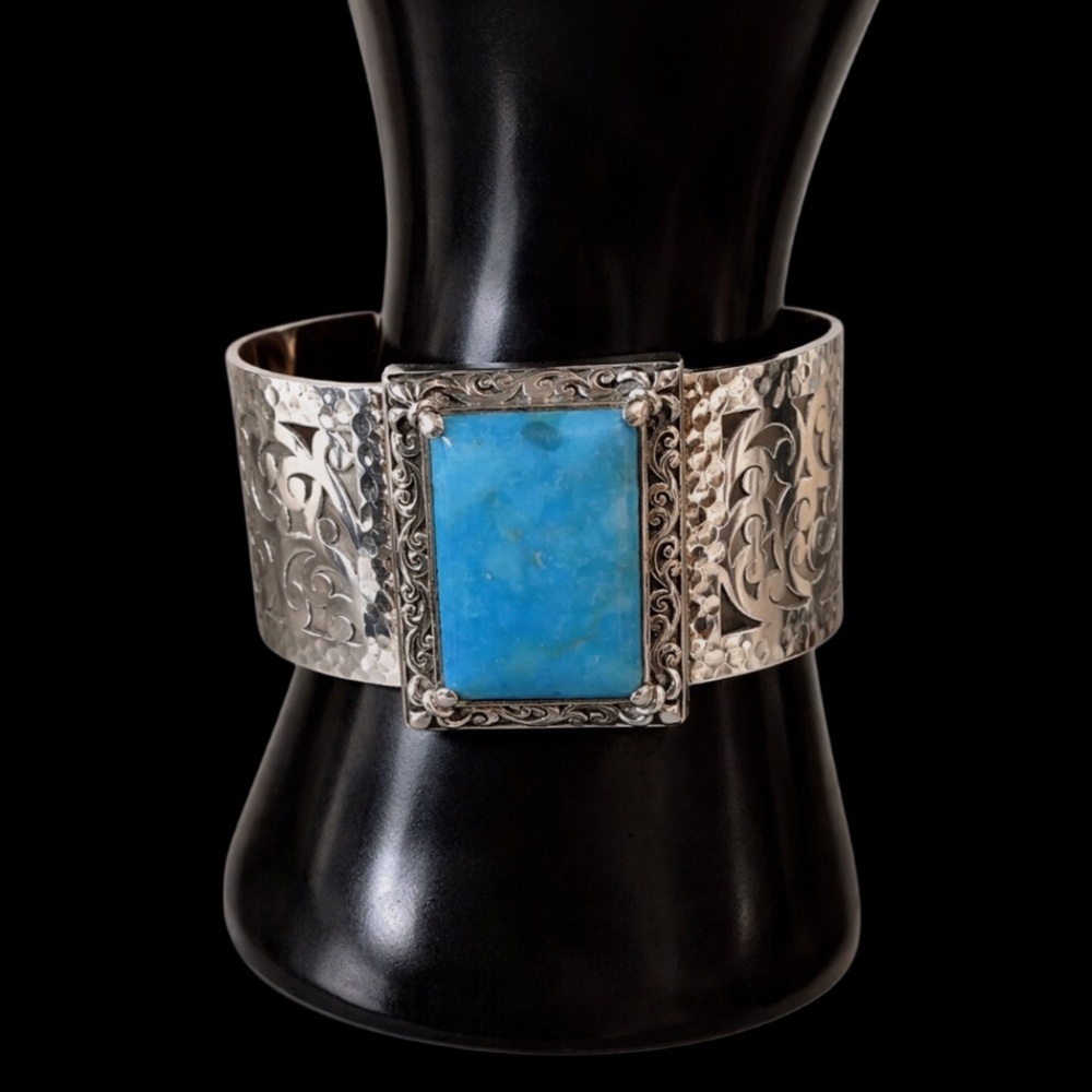 LOIS HILL Sterling Silver Cuff with Turquoise Cabochon and Cut Out Design NWT